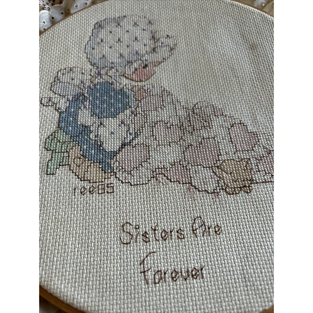 Handmade 'Sisters Are Forever' Cross-Stitch Wall Decor in Cream and Blue